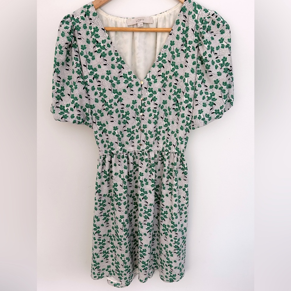 LOFT Green Floral Women's Dress with Puffed Sleeves
